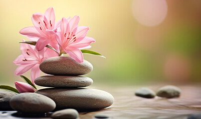 Obraz na płótnie Canvas Spa still life with zen stones and flowers, yoga meditation concept illustration background