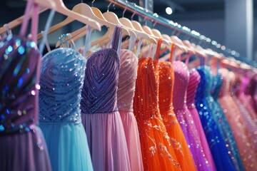 A rack of prom dresses in various colors and styles, including silver, orange, teal blue, purple, hanging on hangers at the entrance to an event venue.  - obrazy, fototapety, plakaty