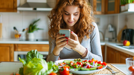 Calories control. Healthy diet plan for weight loss, daily ready meal menu. Woman using meal tracker app on phone in the kitchen. Balanced portion with dish. Pre-cooking. Counting calories. Dieting