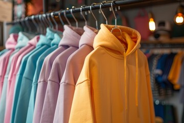A rack of plain pastel hoodies in different colors, hanging on hangers at the front of an urban...