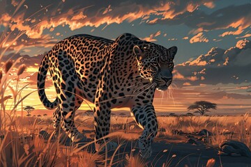a leopard walking in a field - obrazy, fototapety, plakaty
