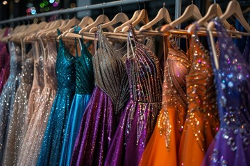A rack of prom dresses in various colors and styles, including silver, orange, teal blue, purple, hanging on hangers at the entrance to an event venue.  - obrazy, fototapety, plakaty