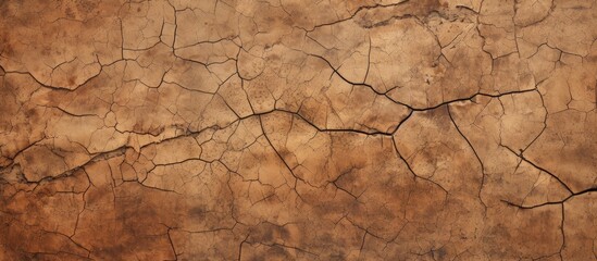 Fototapeta premium A weathered wall with cracked brown paint and layers of dirt accumulating over time, showing signs of neglect and decay in an urban environment.