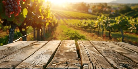 Naklejka na ściany i meble Wooden table in vineyard, Sunny day in nature. Template for product presentation 