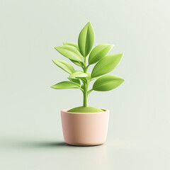 Cute green plants in flower pot 3D illustration, gardening home concept element