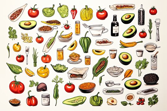 Fresh vegetables doodle line art icon set and Hand drawn healthy food clipart illustration on white background