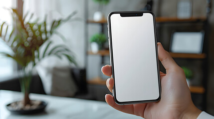 Business man hand holding white blank mobile phone in office