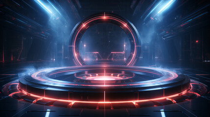 3D rendering of sci-fi stretch background with geometric tunnel and neon lines, 3d rendering...