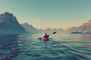 a person in a kayak on a lake - obrazy, fototapety, plakaty