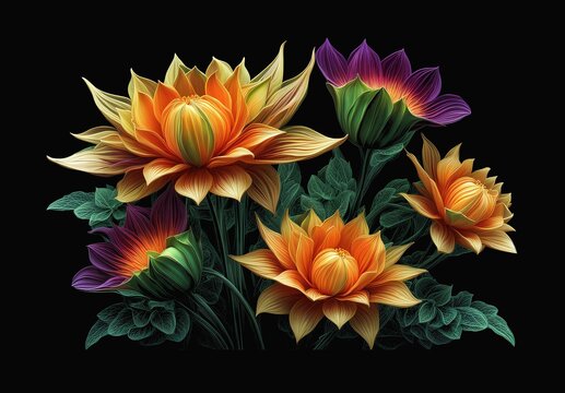 A Kirigami and electrography style image of a flower arrangement with several beautiful yellow and purple flowers, in a black background, generative AI. 