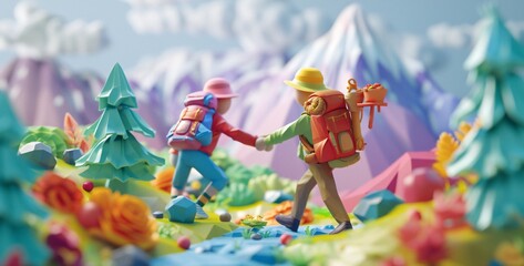 Playful 3D hikers with one extending a helping hand to the other amidst a colorful landscape embodying the spirit of mutual support