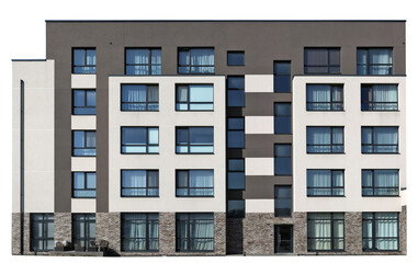 Fototapeta premium All windows of a modern house with curtains from the bright sun isolated