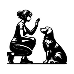 Teaching Moment Vector - Woman Instructing Golden Retriever in Black and White. 
A teaching moment between a woman and a Golden Retriever, capturing their instructional and carin