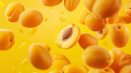 Flying  fresh apricots on yellow background.  