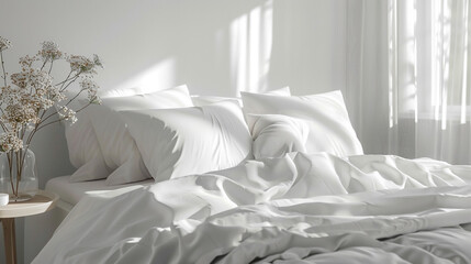 Comfortable bed with soft white pillows and linens near window in room. Copy space. - obrazy, fototapety, plakaty