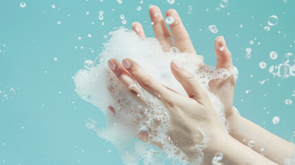 Fototapeta premium Hand washing. Hands in soap foam on blue background. Copy space. 