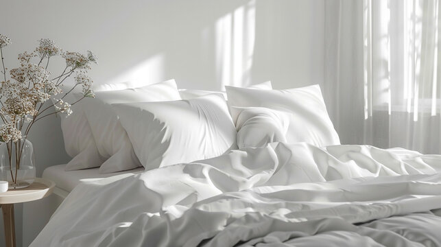 Comfortable bed with soft white pillows and linens near window in room. Copy space.