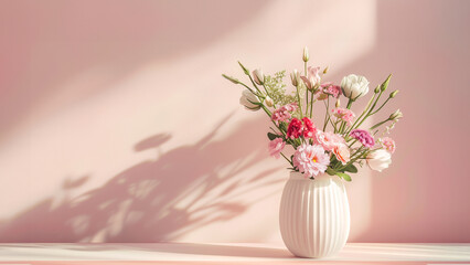 A charming vignette featuring peonies in full bloom inside a classic white vase.