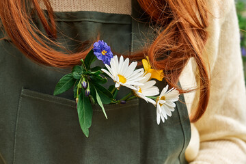 Unrecognizable redhead woman gardener in sweater and green apron with blue flowers, white daisy and...