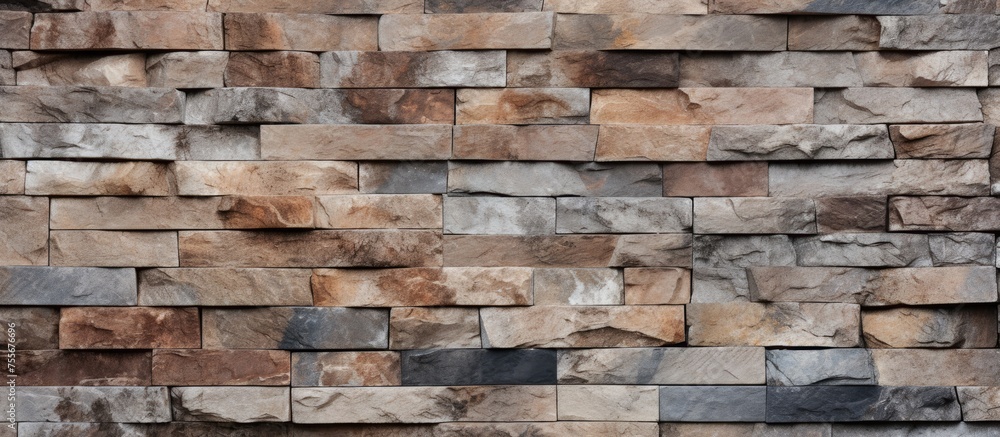 Poster a detailed stone wall featuring a unique brown and black pattern, creating a visually striking facad