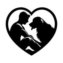 Affectionate Moment Vector - Man Kneeling and Hugging Golden Retriever in Black and White. A man and a Golden Retriever sharing a moment of affection, with the man kneeling and hugging