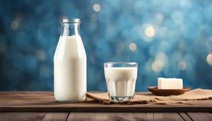 A bottle of rustic milk and glass of milk on a wooden table on a blue background with copy space, nutritious and healthy dairy products concept
