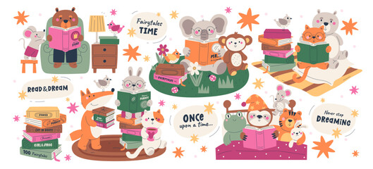 Cute animal characters reading books enjoying fairytale time together set vector illustration