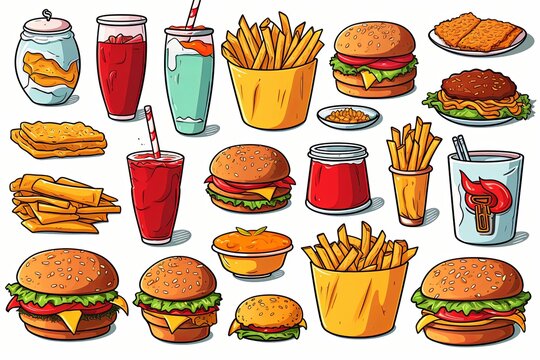 Hand drawn fast food elements doodle clipart and sticker illustration background