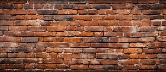 Obraz premium A red brick wall with visible gaps where the mortar should be, creating a textured background. The bricks are stacked neatly and are of uniform size.