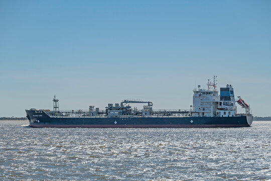 Tanker ship Palanca Cadiz departs Charleston Harbor, SC, USA on March 10, 2024.