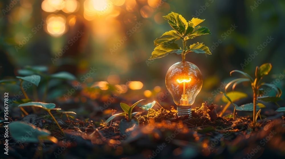 Poster concept of an eco-friendly tree growing from a bulb.