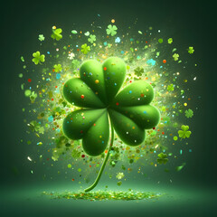 St. Patrick&rsquo;s Day Shamrock  with gree confetti explosion, isolated on a  Green background, Celebrating Patrick's Day, Clover