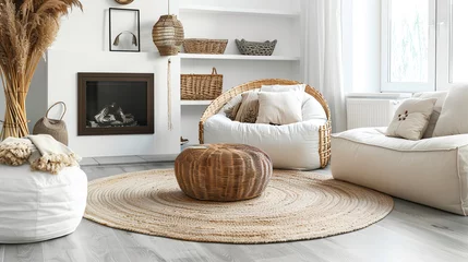 Cercles muraux Style bohème Rustic coffee table near white sofa with brown pillows against wall with two poster frames. Boho ethnic home interior design of modern living room.