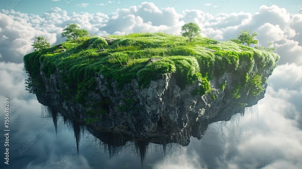 Poster The floating island is a fantasy landscape with natural grass fields on the rocks, within a surreal landscape with a utopian concept