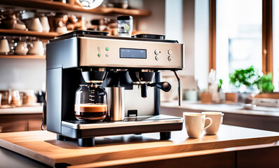 Modern coffee machine with cups on table in kitchen. Modern coffee machine in the process of producing aromatic coffee