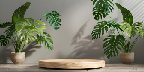 3d render of minimal display podium with tropical leaves and plants background - Ai Generated