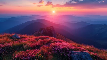 Fototapeten A magnificent sunset over the mountains. Dramatic sky. Carpathian, Ukraine, Europe. A stunning world. © Zaleman