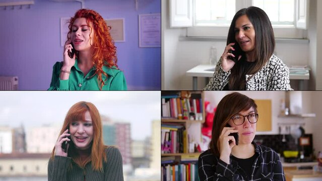 A multiscreen setup featuring four young women, each in her own frame, talking on the phone. Each woman is engaged in a different conversation, showing varied emotions and expressions as they chat
