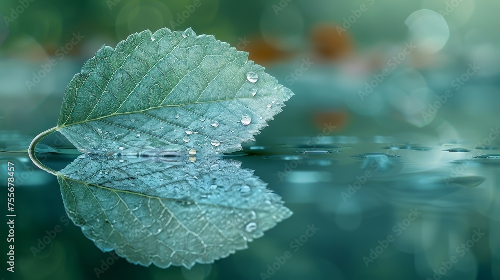 Poster Transparent white leaf with reflection on green background macro. Abstract artistic image of a ship in water. Template Border natural dreamy artistic image for travel.
