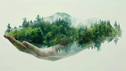 Crédence de cuisine en verre imprimé Collage de graffitis A silhouette hand combined with a photograph of a forest mountain landscape. Abstract, conceptual. Nature, ecology, environment. Save the planet.