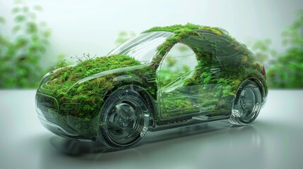 Grass grows inside a transparent piggy bank shaped like a car