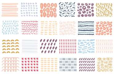 Different shapes of colorful ink stains brush strokes abstract seamless pattern isolated set