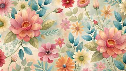 seamless pattern of colorful flowers and leaves in a whimsical style