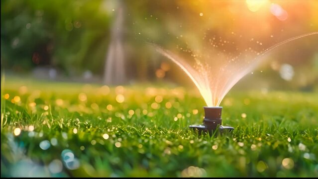 Automatic Sprinkler System Watering the Lawn, Slow Motion