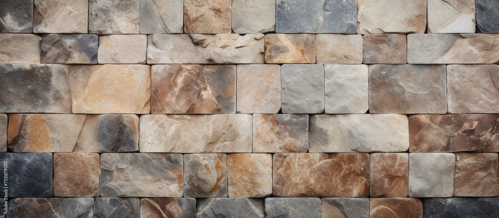 Poster a stone wall displaying a striking array of colors, including shades of red, green, orange, and grey