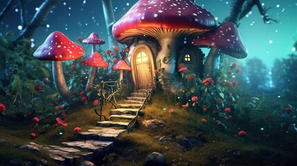 Fantasy landscape with fantasy house and mushrooms. 3d illustration - obrazy, fototapety, plakaty