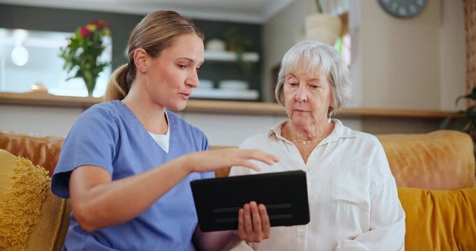 Healthcare, tablet and nurse talking to old woman on sofa in living room of home for consulting or help. Medical, trust or technology and caregiver with senior patient in assisted living apartment