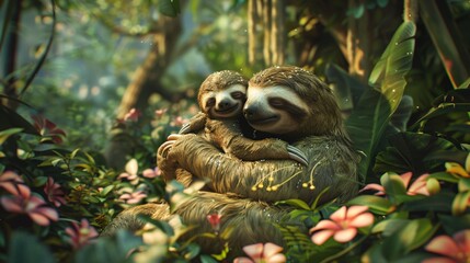 Fototapeta premium Whimsical 3D illustration of a sloth mom and her baby in an embrace capturing a moment of love and tenderness in a lush jungle environment