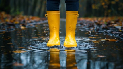A person standing in a puddle wearing yellow rain boots