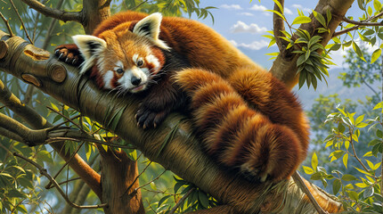 A red panda curled up on a tree branch.